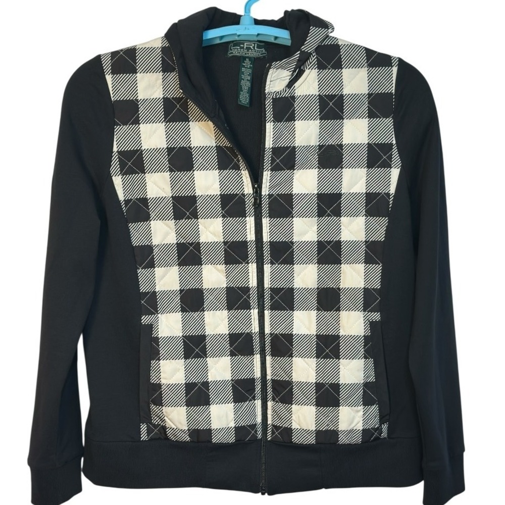 Lauren Ralph Lauren Hooded Jacket Full Zip Black Buffalo Plaid Quilted Casual XL